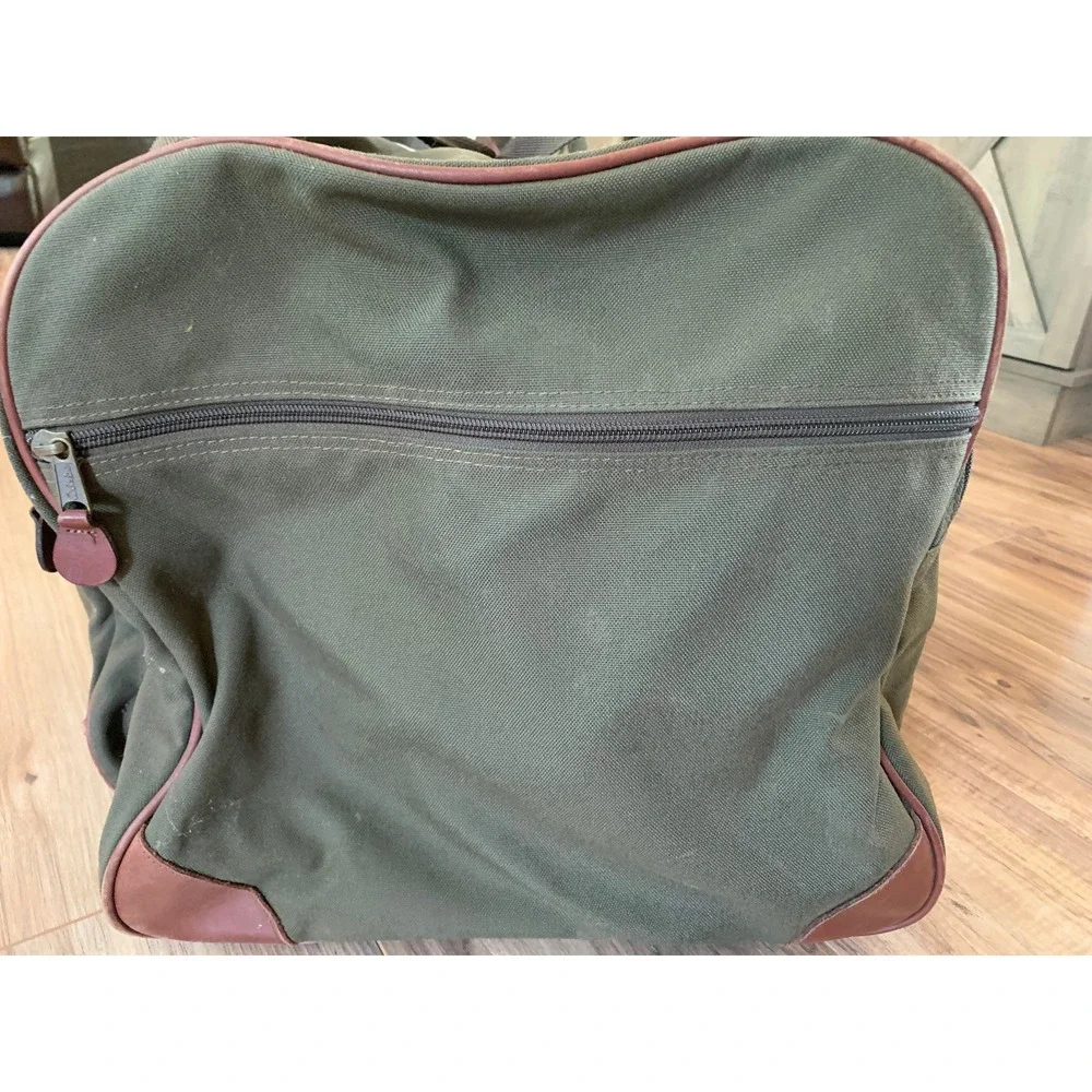 Vintage Cabela's Large Duffle Bag Olive Green Canvas Leather Trim Hunting Travel